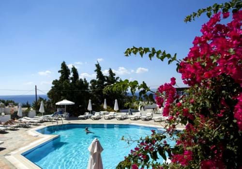 Pool at the Eleni Apartments, Pefkos, Rhodes, Greece.