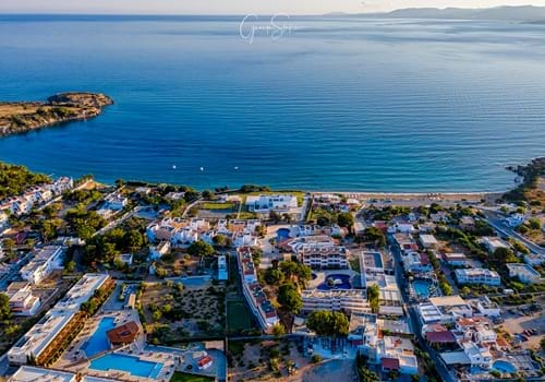 Aerial view of the hotel and beach front at the Lia Matina Studios in Pefkos, Rhodes.