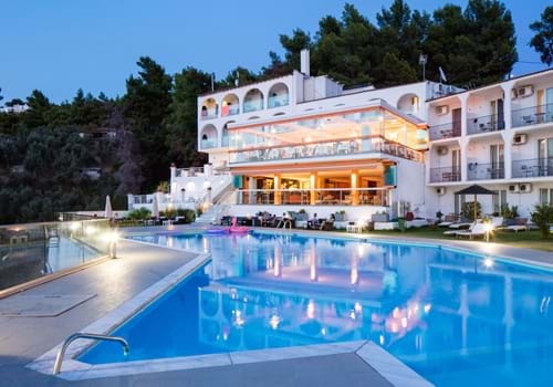 Hotel Punta, Exterior in the Evening, Skiathos, Greece