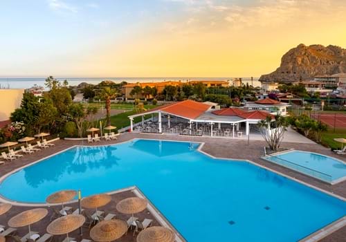 Main pool area and sea views at the Leonardo Kolymbia Resort Hotel in Rhodes, Greece.