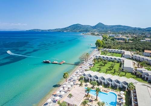Beach at the Domes Miramare Resort, Moraitika, Corfu, Greece.